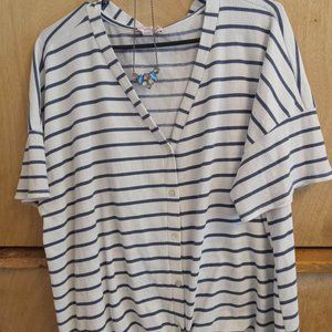 White with Blue Striped waffle knit blouse